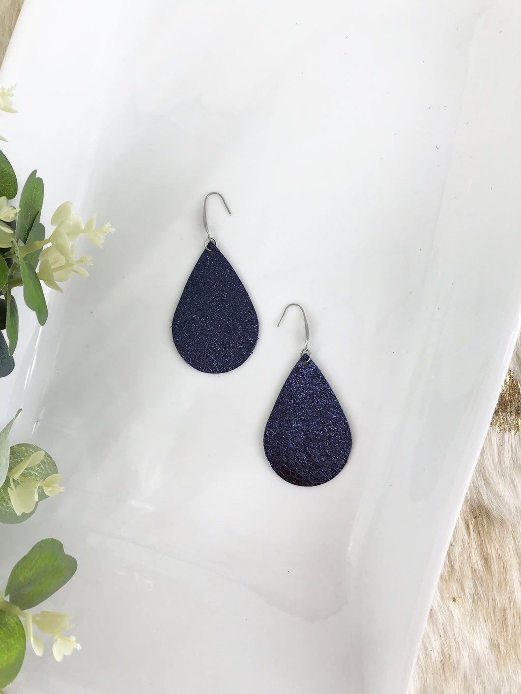 Metallic Navy Leather Earrings - E19-2374