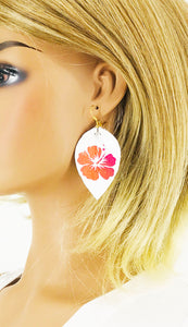 White Genuine Leather and Hibiscus Flower Earrings - E19-2837