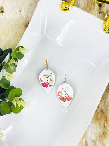 White Genuine Leather and Hibiscus Flower Earrings - E19-2837
