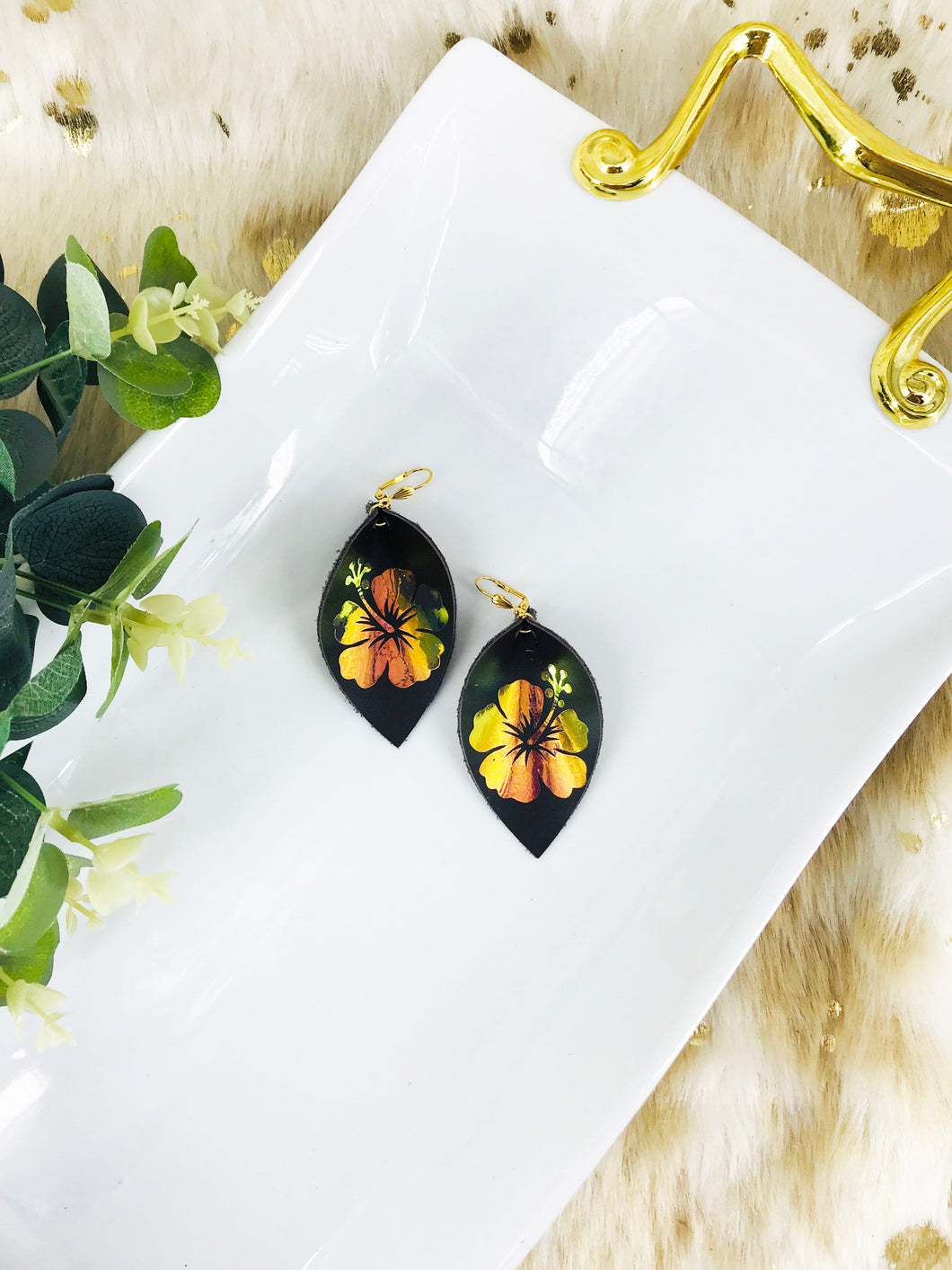 Brown Genuine Leather and Hibiscus Flower Earrings - E19-2839