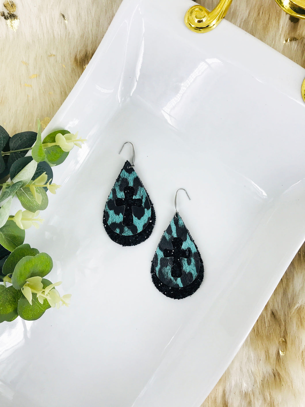 Mint Leopard Faux Leather and Chunky Glitter Earrings - E19-2843