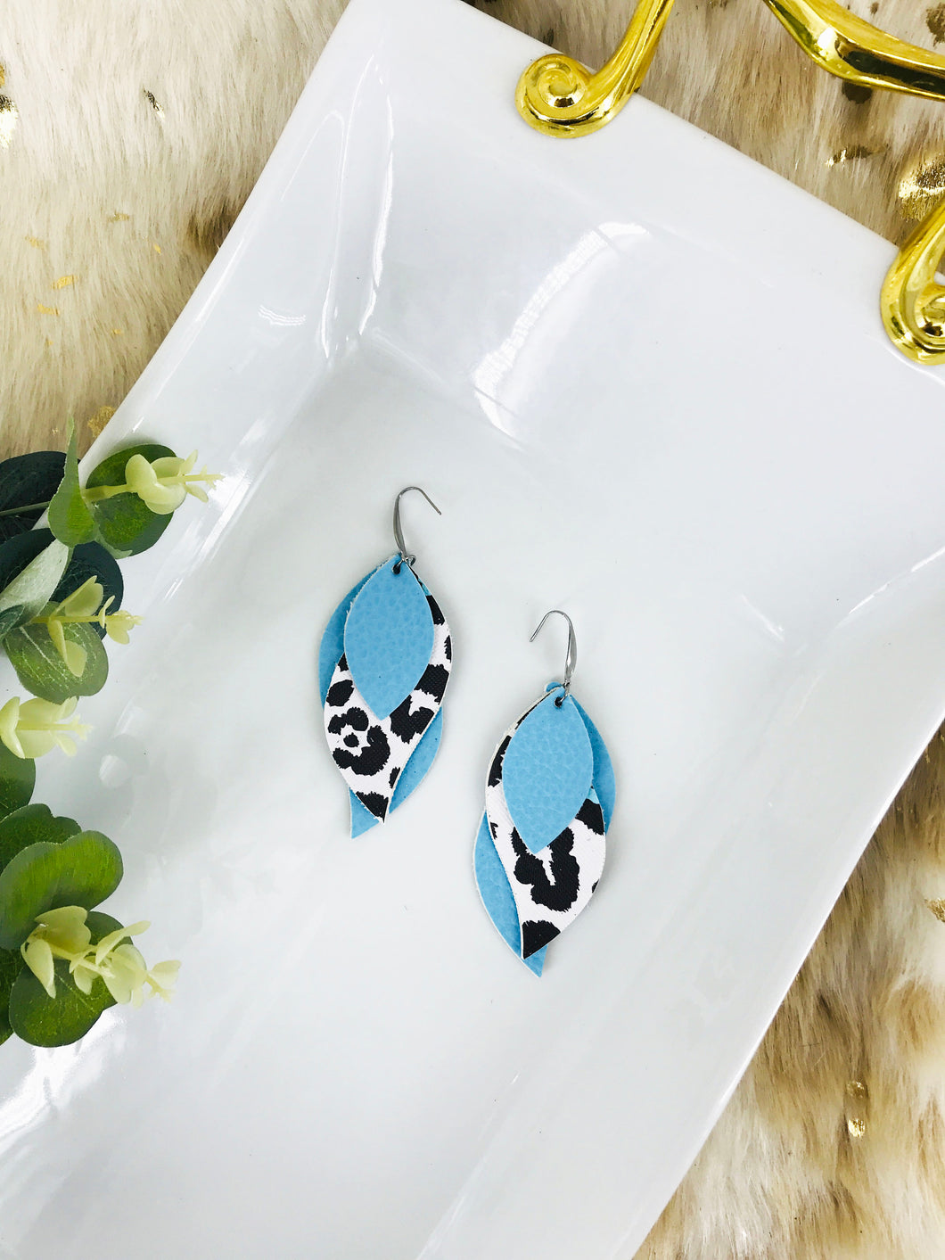 Blue and Leopard Faux Leather Earrings - E19-2846