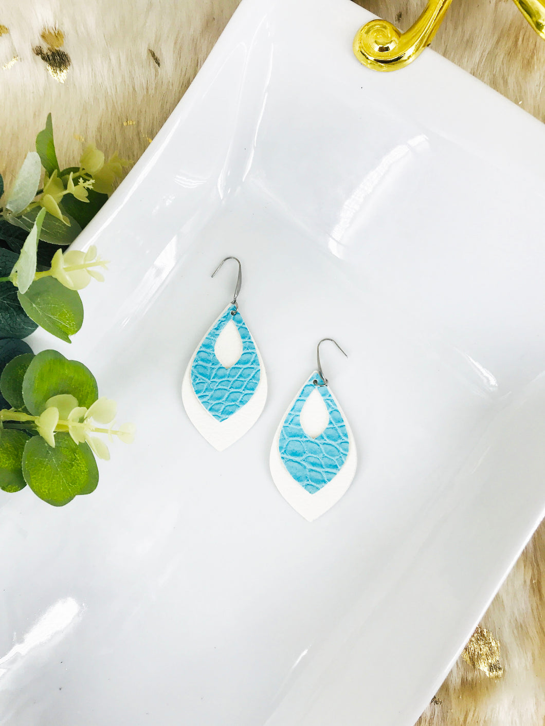 Ivory and Blue Alligator Faux Leather Earrings - E19-2850