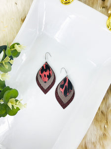 Maroon Leopard Faux Leather and Glitter Layered Earrings - E19-2855