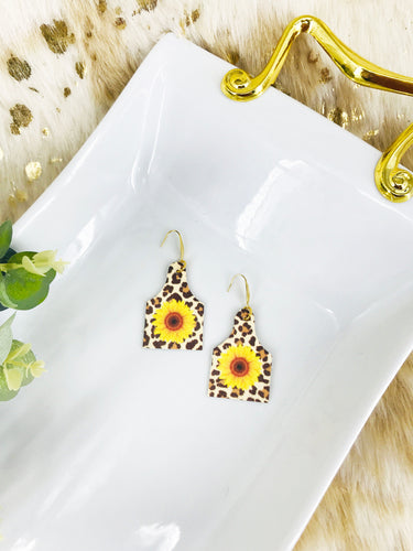 Sunflower Leopard Leather Cow Tag Earrings - E19-2859