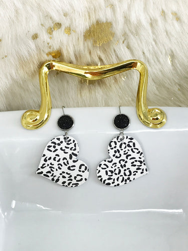 Faux Druzy and White Leopard Leather Earrings - E19-2866