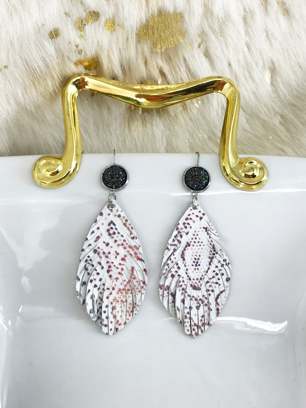 Faux Druzy and Multi-Color Snake Skin Fringe Leather Earrings - E19-2867