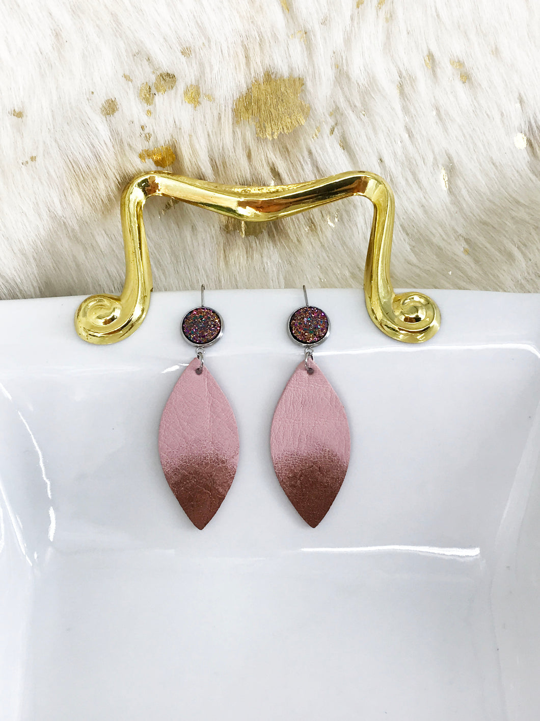 Faux Druzy and Pink Genuine Leather Earrings - E19-2872