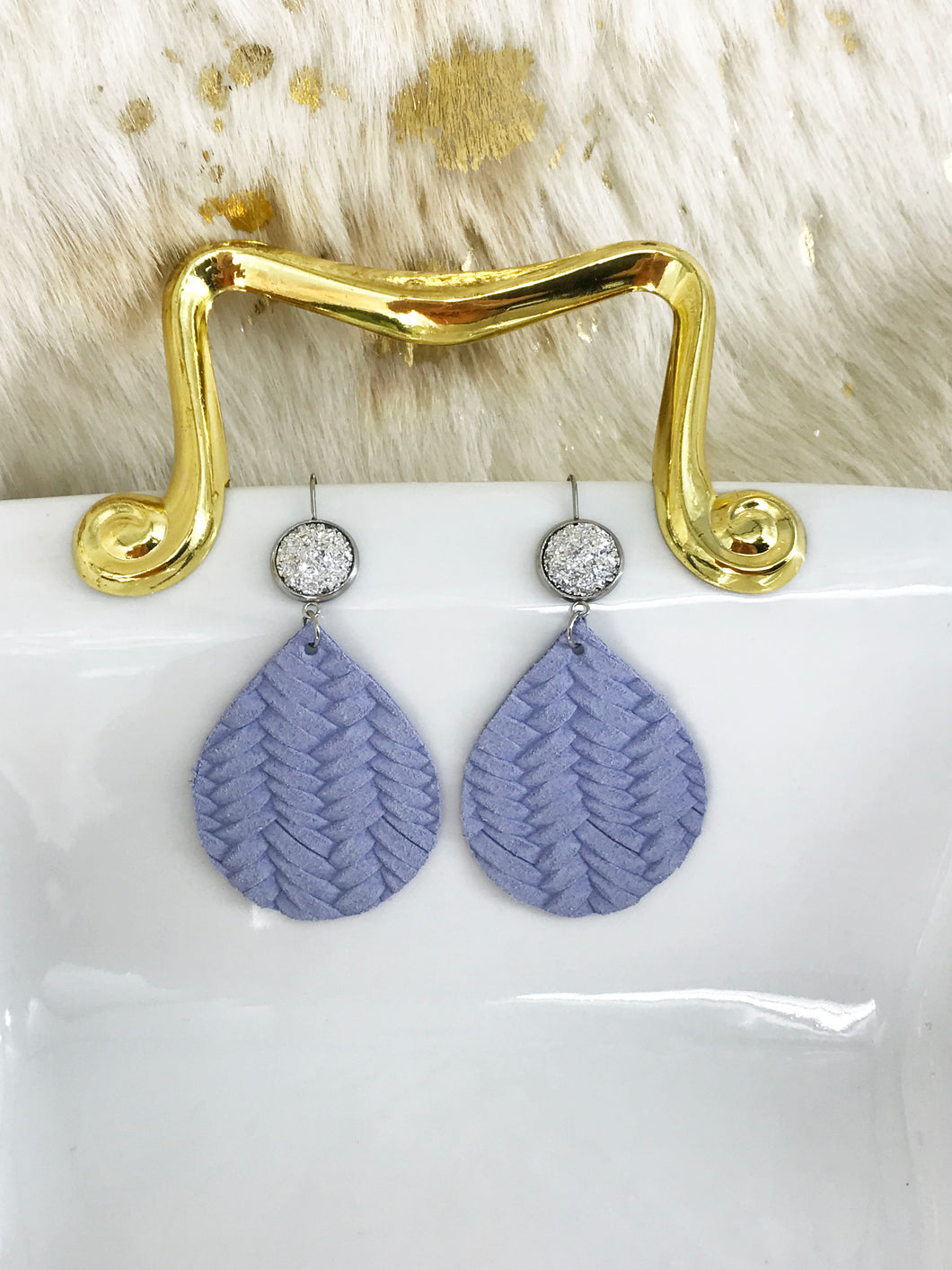 Faux Druzy and Lavender Braided Fishtail Leather Earrings - E19-2875