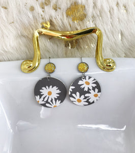 Yellow Druzy and Daisey Faux Leather Earrings - E19-2883