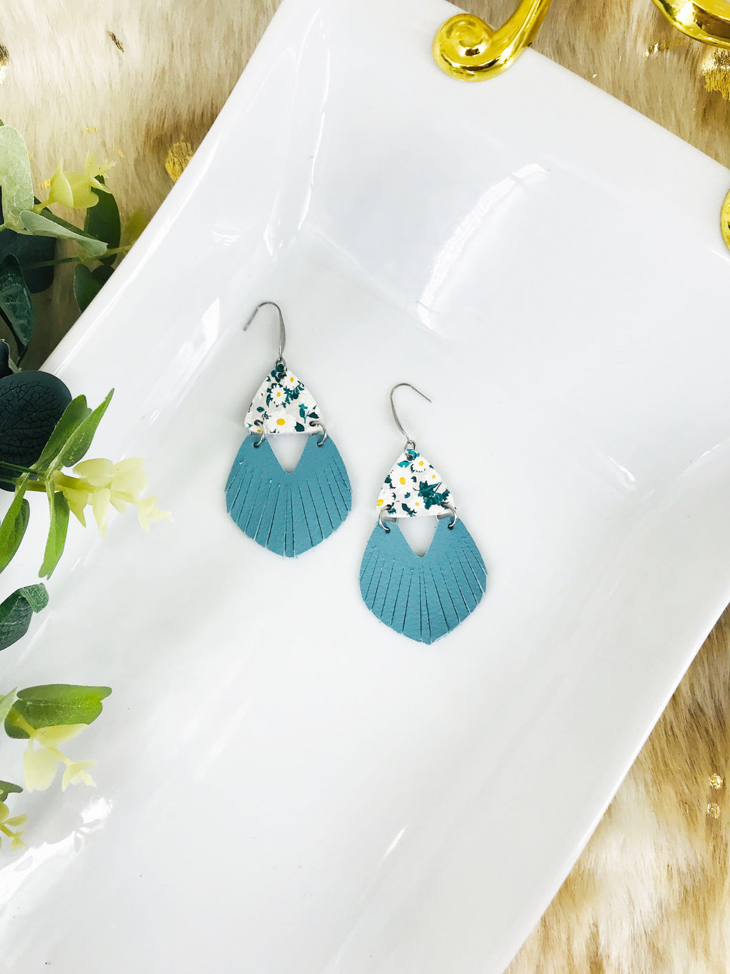 Daisy Leather and Blue Fringe Leather Earrings - E19-2898