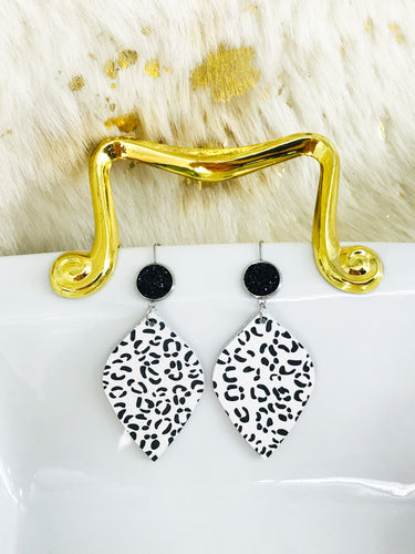 Druzy Agate and Spotted Leopard Leather Earrings - E19-2906