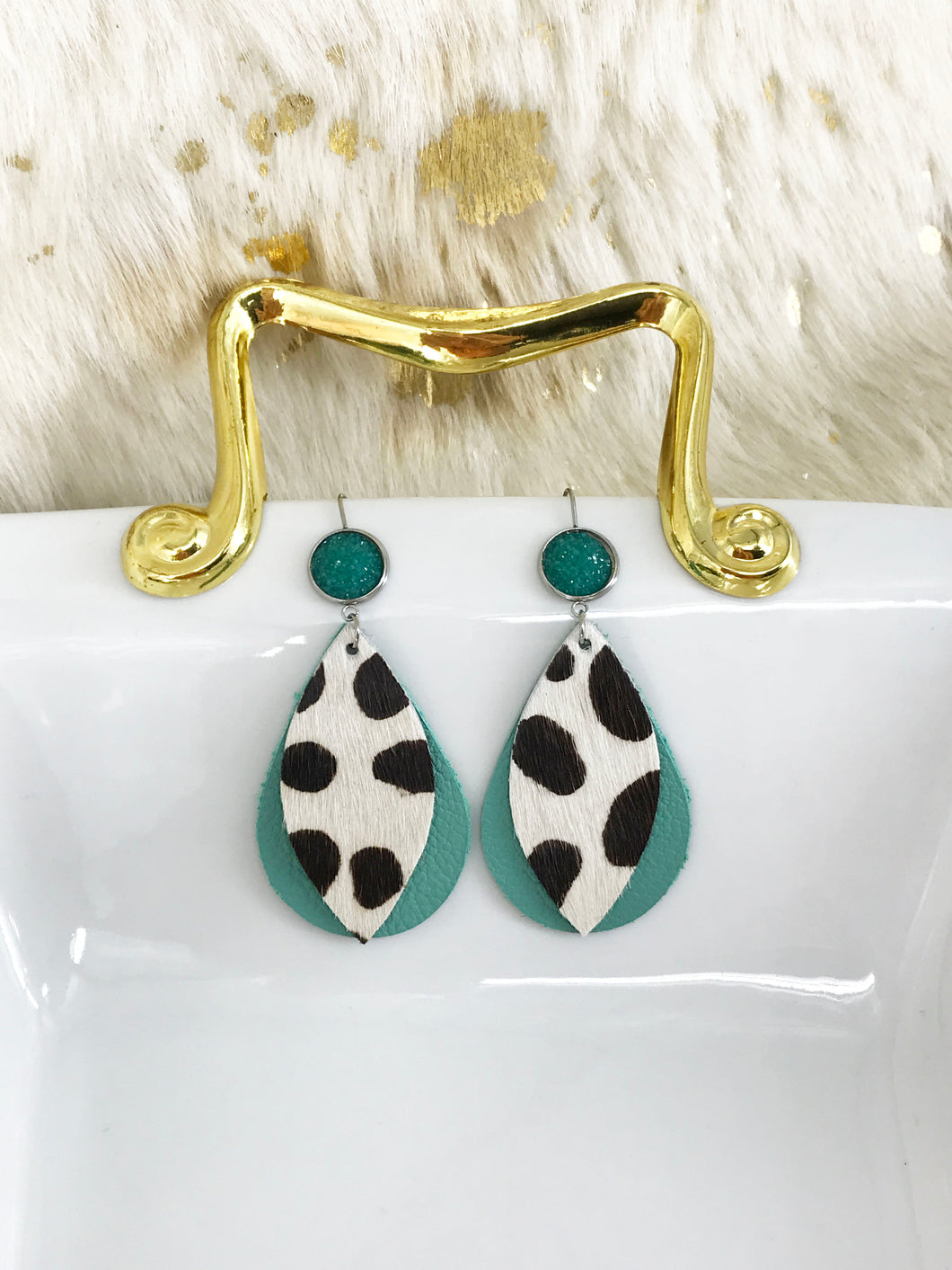 Druzy Agate and Cheetah and Aqua Leather Earrings - E19-2908