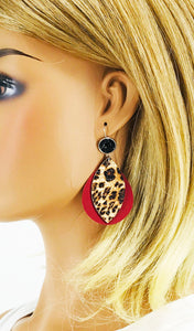 Black Druzy Agate and Cranberry and Leopard Leather Earrings - E19-2910