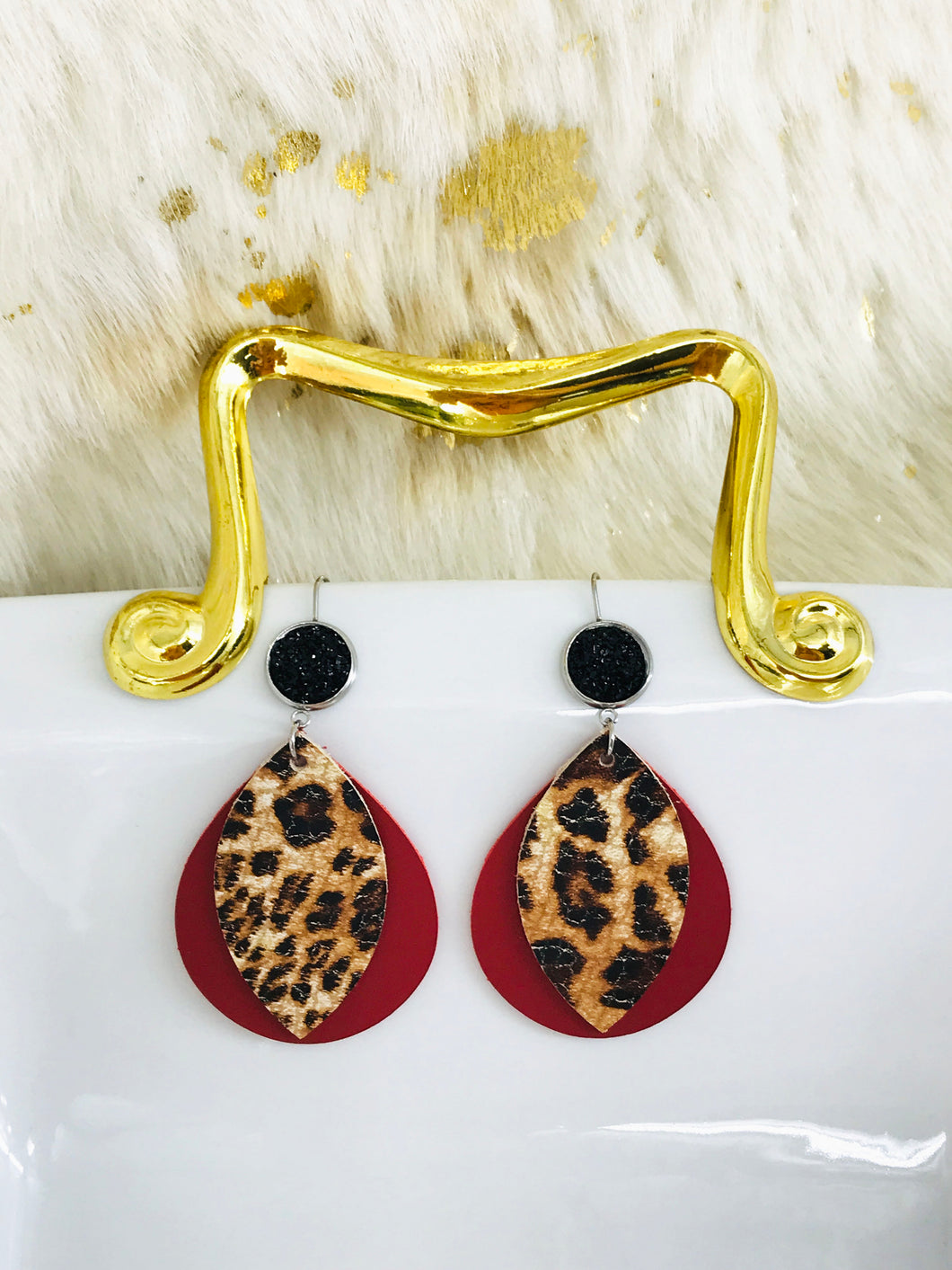 Black Druzy Agate and Cranberry and Leopard Leather Earrings - E19-2910