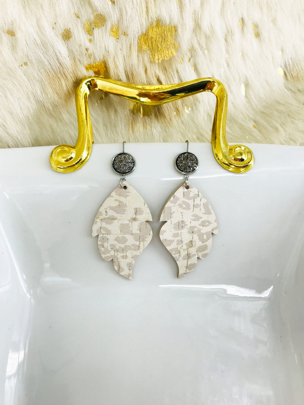 Druzy Agate and Nude Leopard Leather Earrings - E19-2927