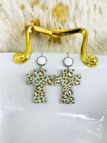 Druzy Agate and Leopard Leather Cross Earrings - E19-2928