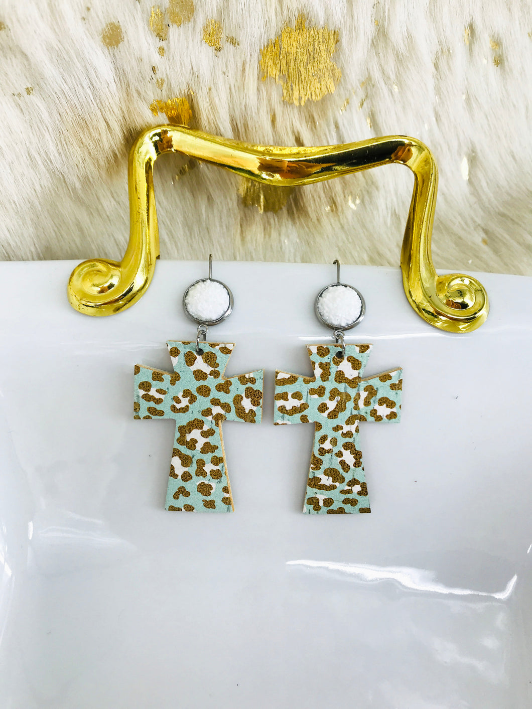 Druzy Agate and Leopard Leather Cross Earrings - E19-2928