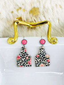 Druzy Agate and Roses on Leopard Leather Earrings - E19-2929