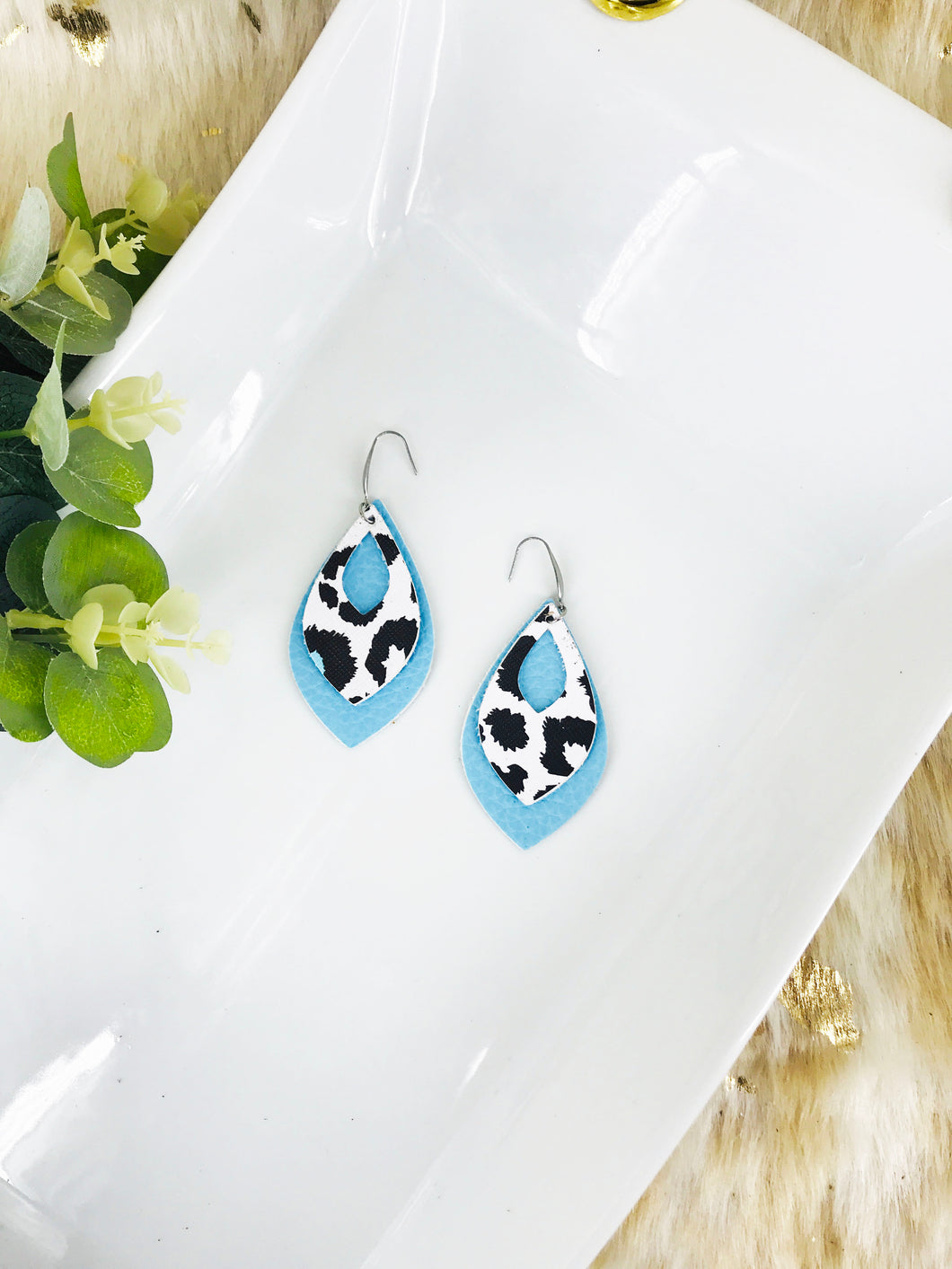 Blue and Leopard Faux Leather Earrings - E19-2939