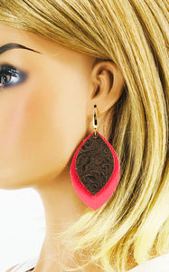 Coral Leather and Chocolate Embossed Leather Earrings - E19-2950