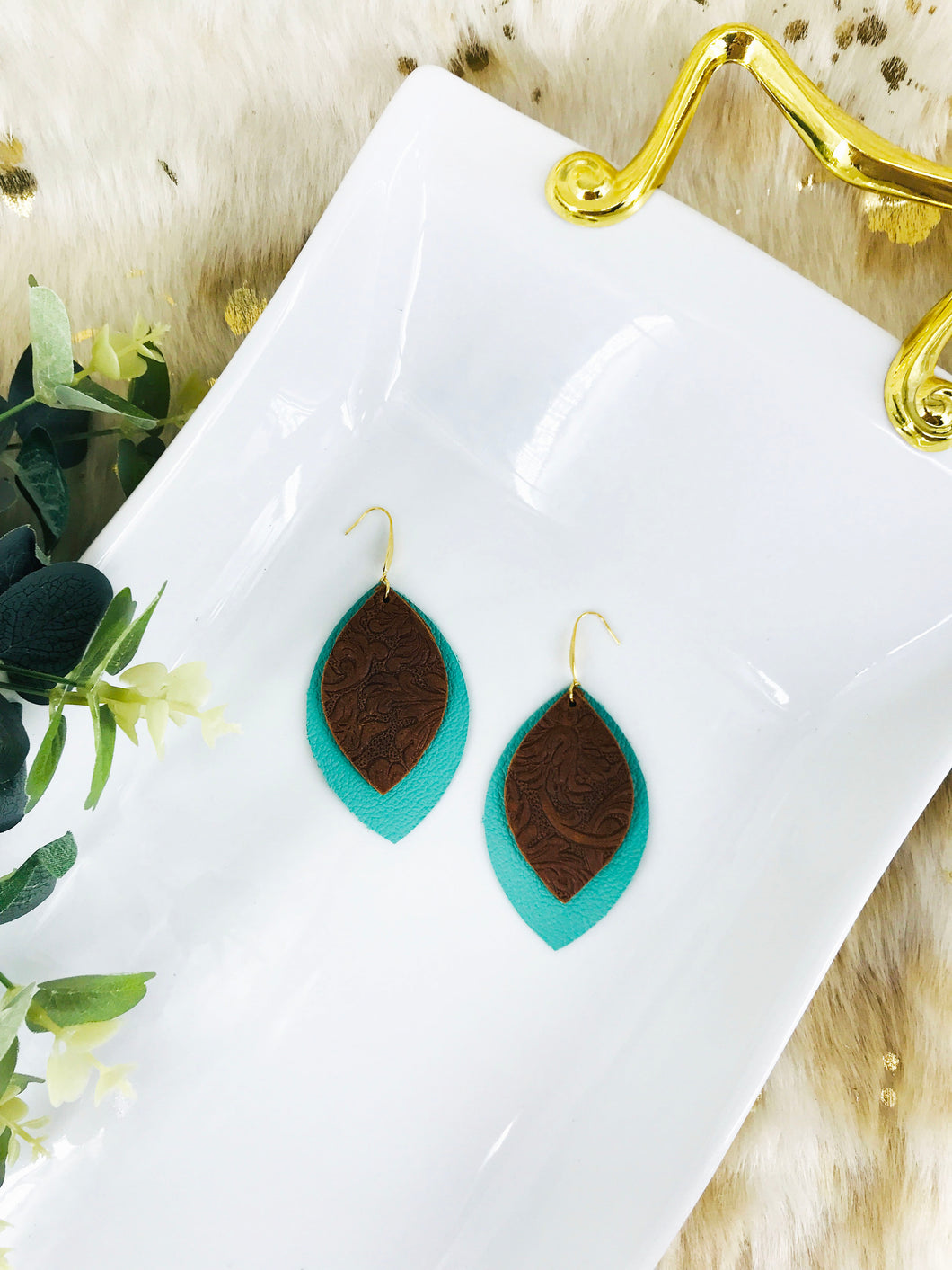 Aqua Leather and Brown Embossed Leather Earrings - E19-2953