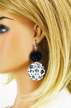Load image into Gallery viewer, Chunky Glitter and Black &amp; White Spotted Cow Leather Earrings - E19-2959