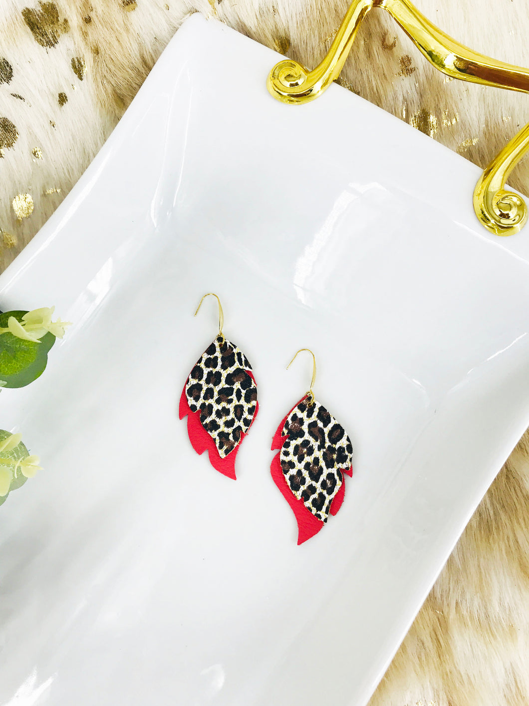 Coral and Cheetah Leather Earrings -E19-3035
