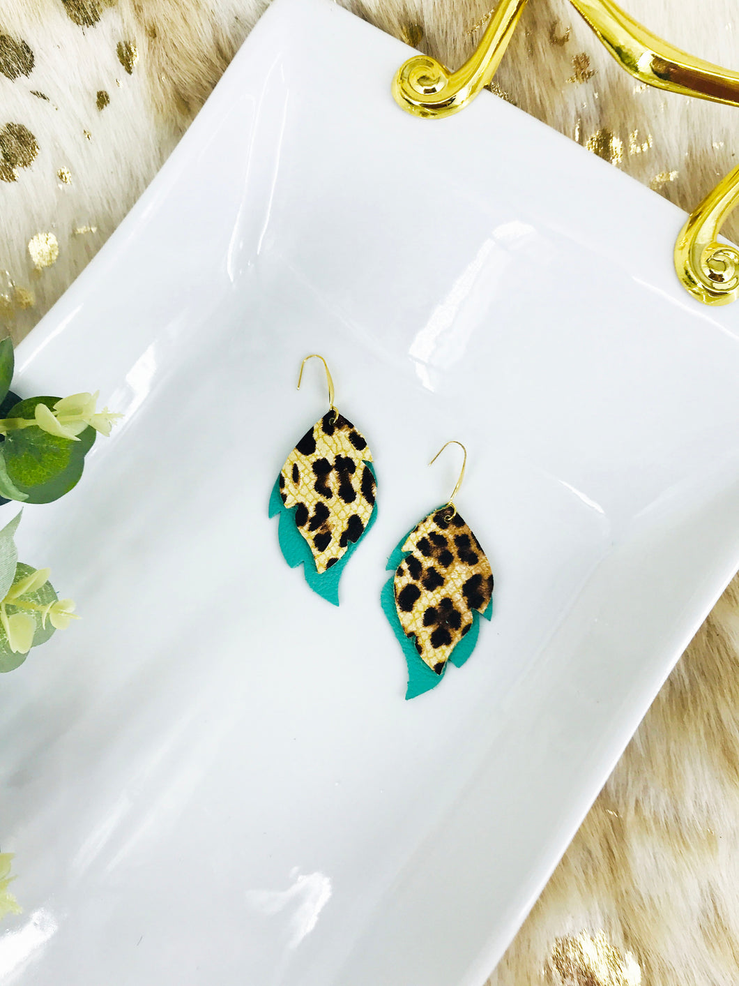 Aqua and Cheetah Leather Earrings - E19-3050