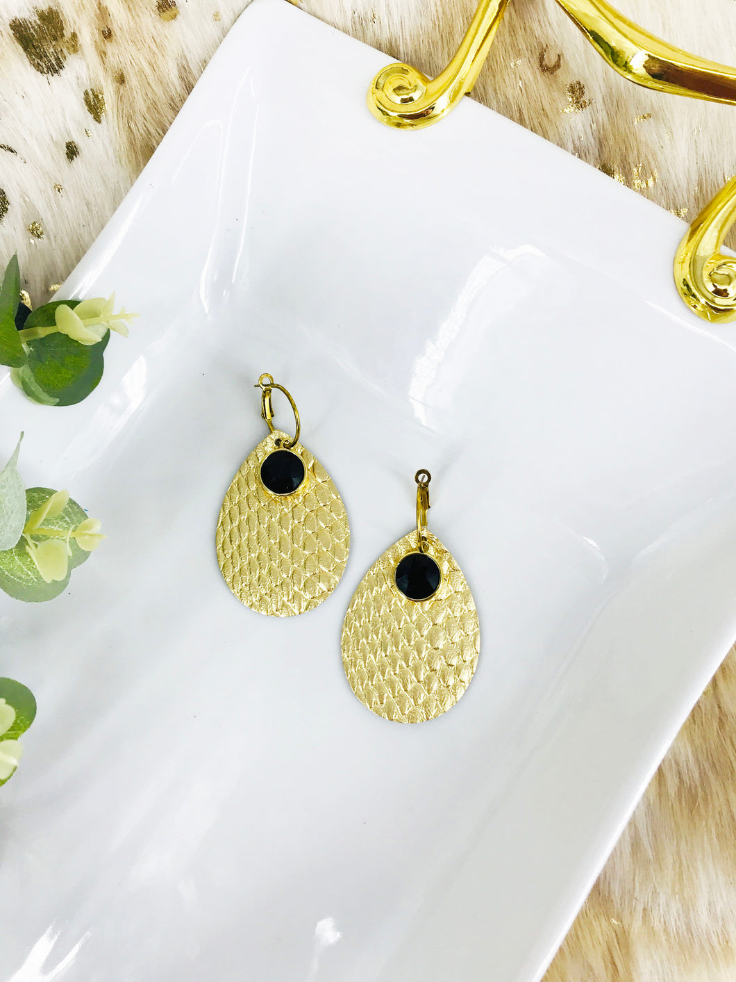 Gold Anaconda Leather and Rhinestone Hoop Earrings - E19-3451