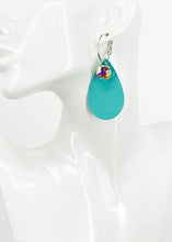 Load image into Gallery viewer, Aqua Leather and Rhinestone Hoop Earrings - E19-3506