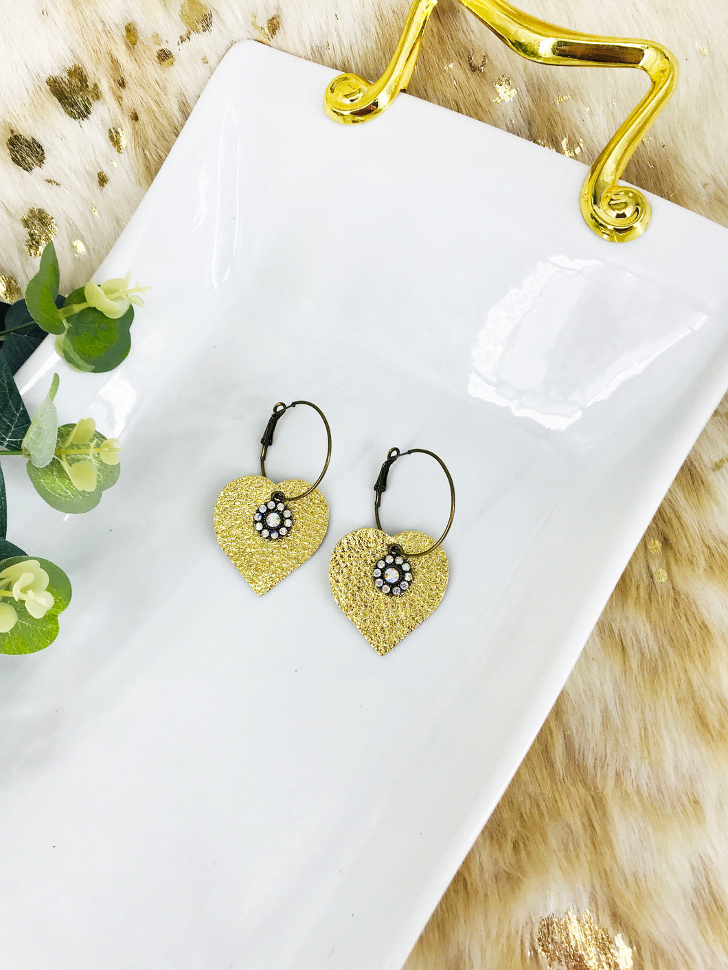 Gold Leather Hoop and Rhinestone Earrings - E19-3599