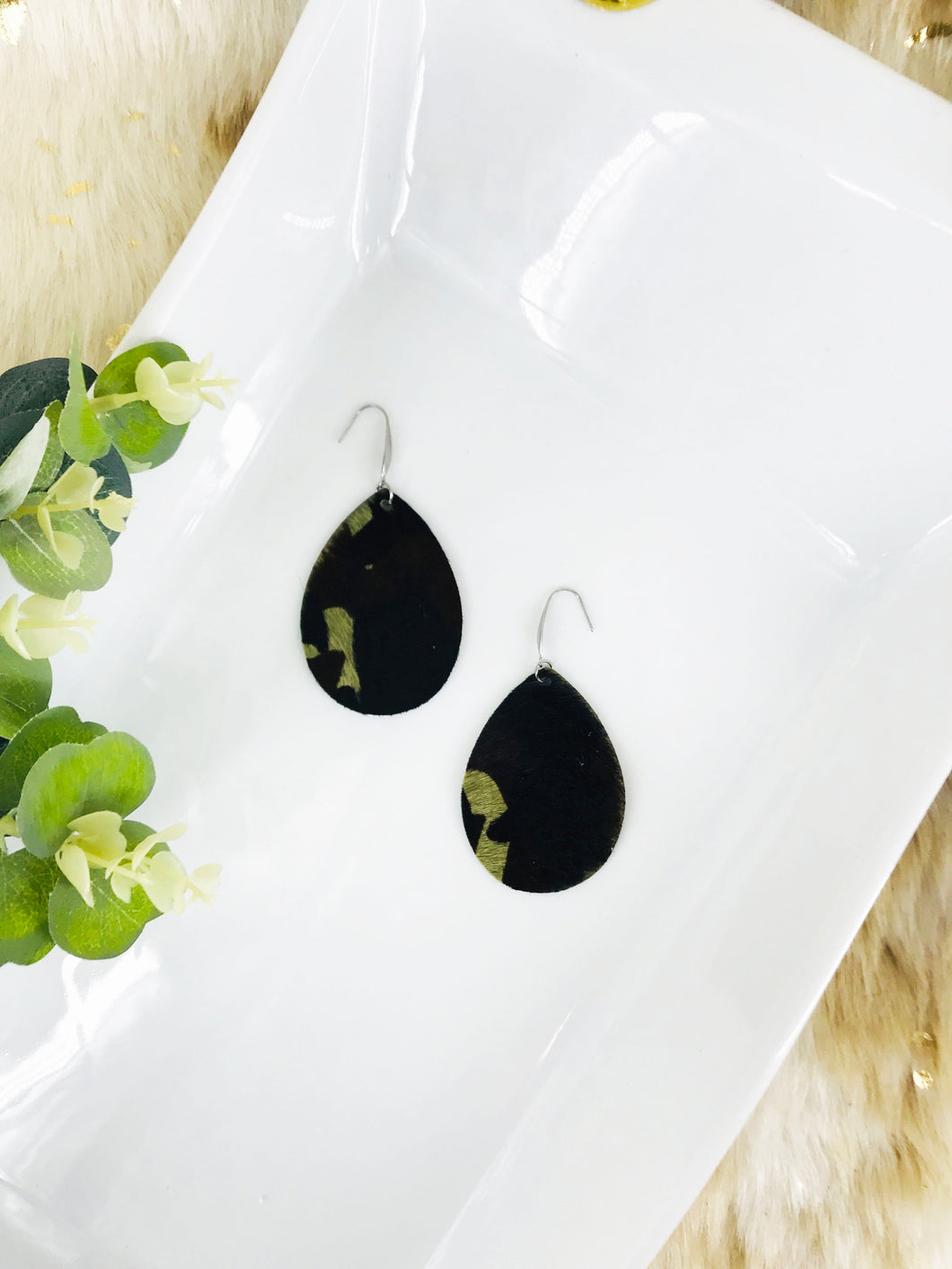 Hair On Camo Leather Earrings - E19-3614