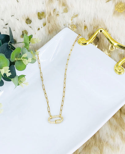 Pave Lock and Paperclip Chain Necklace - N434