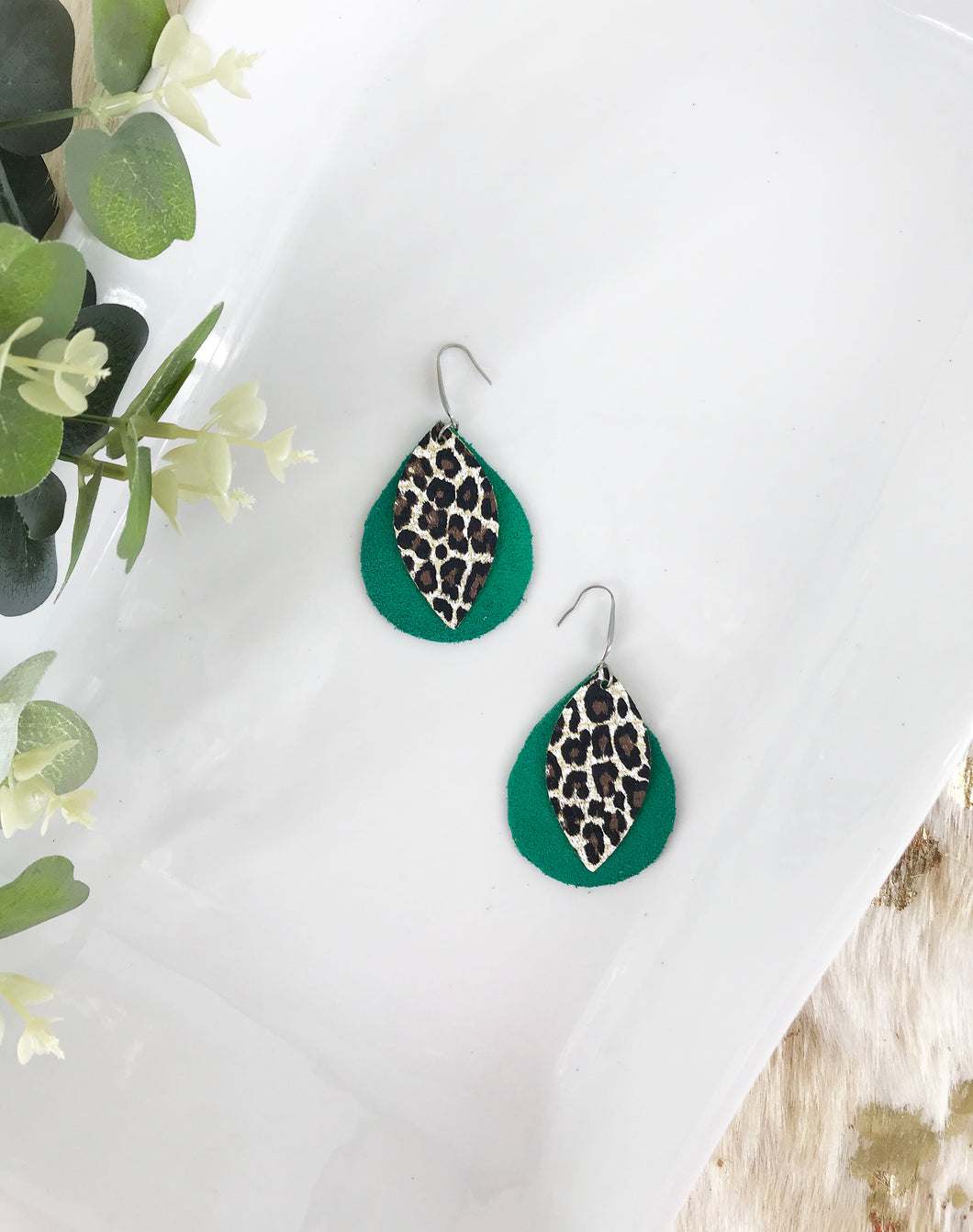 Green Suede and Cheetah Leather Earrings - E19-441