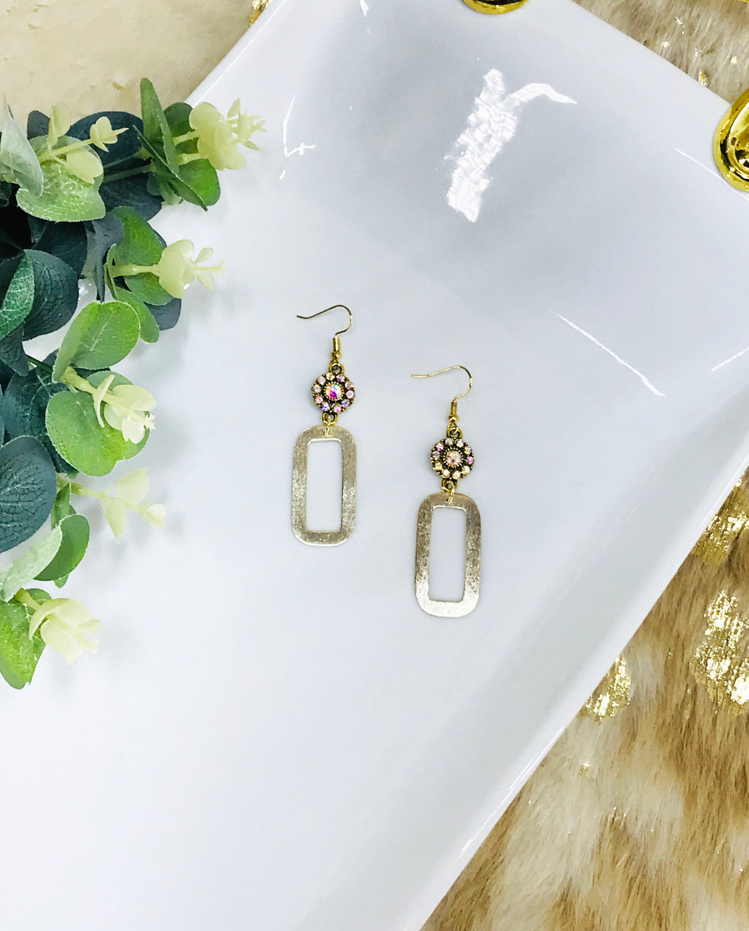 Rhinestone & Brushed Gold Pendant Earrings - E19-4433