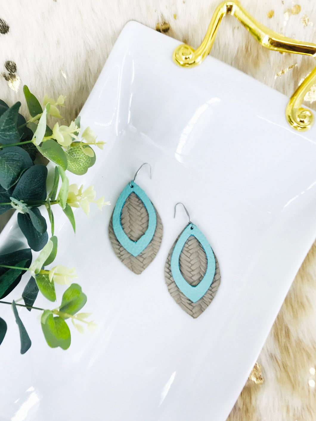 Grey and Turquoise Layered Leather Earrings - E19-467
