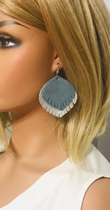 Metallic Silver and Blue Genuine Leather Earrings - E19-527