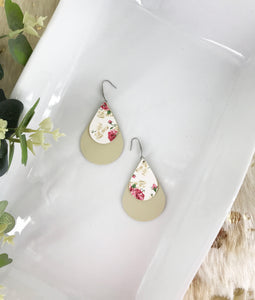 Tan and Floral Layered Leather Earrings - E19-580