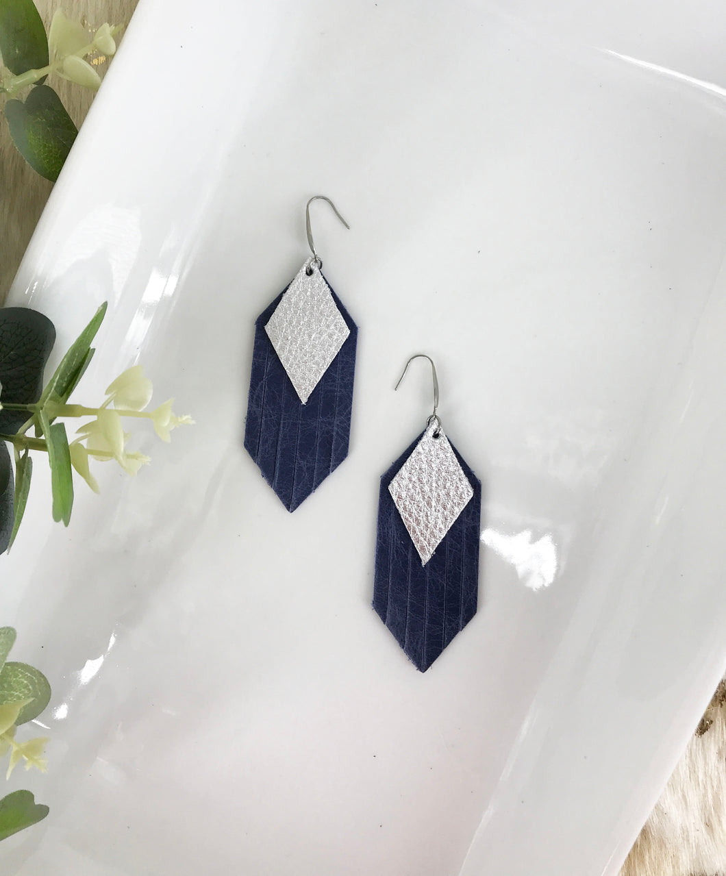 Blue and Silver Genuine Leather Frayed Earrings - E19-711