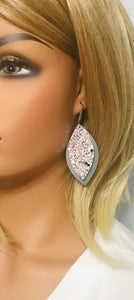 Neutral Gray Genuine Leather and Chunky Glitter Earrings - E19-725