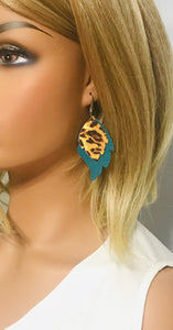 Dark Turquoise and Gold Metallic Banana Leopard Leather Earrings - E19-731