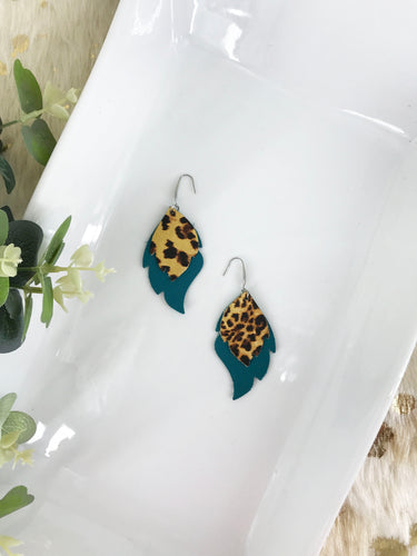 Dark Turquoise and Gold Metallic Banana Leopard Leather Earrings - E19-731