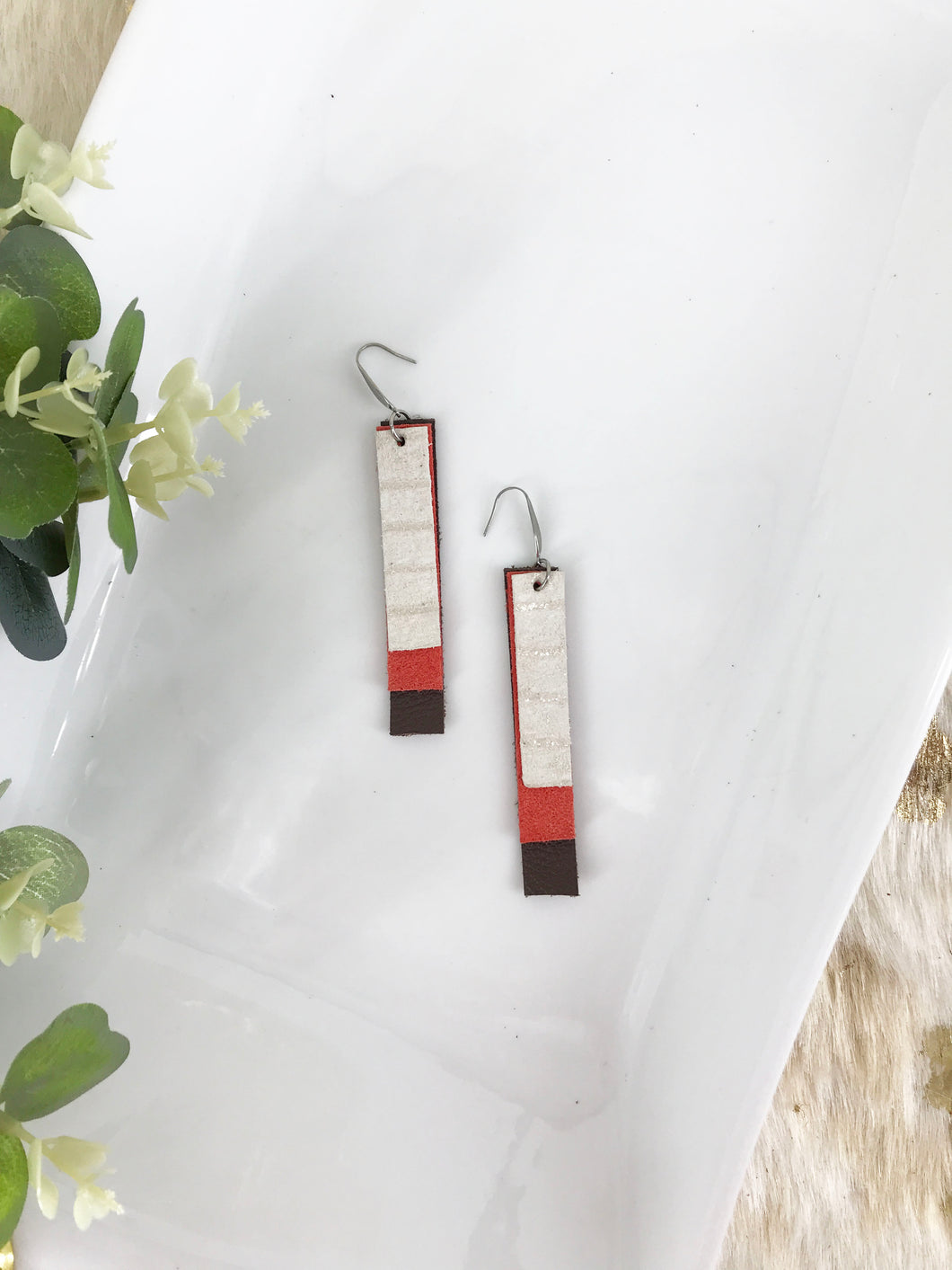Brown, Coral and Ivory Layered Leather Earrings - E19-735