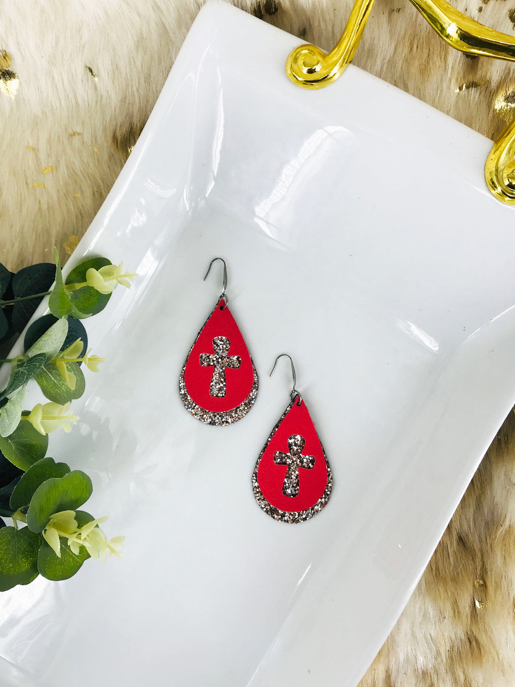 Coral Genuine Leather and Chunky Glitter Cross Earrings - E19-752