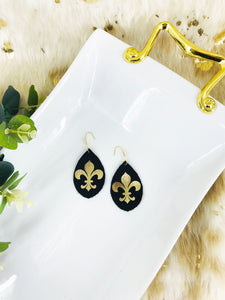 Black and Gold Fleur De Lis Leather Earrings - E19-765