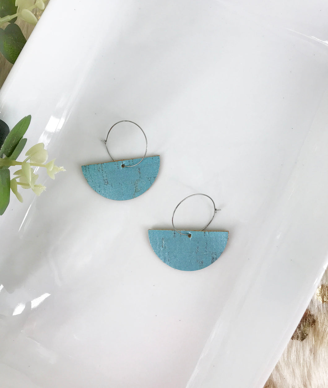 Turquoise Cork Leather Hoop Earrings - E19-780