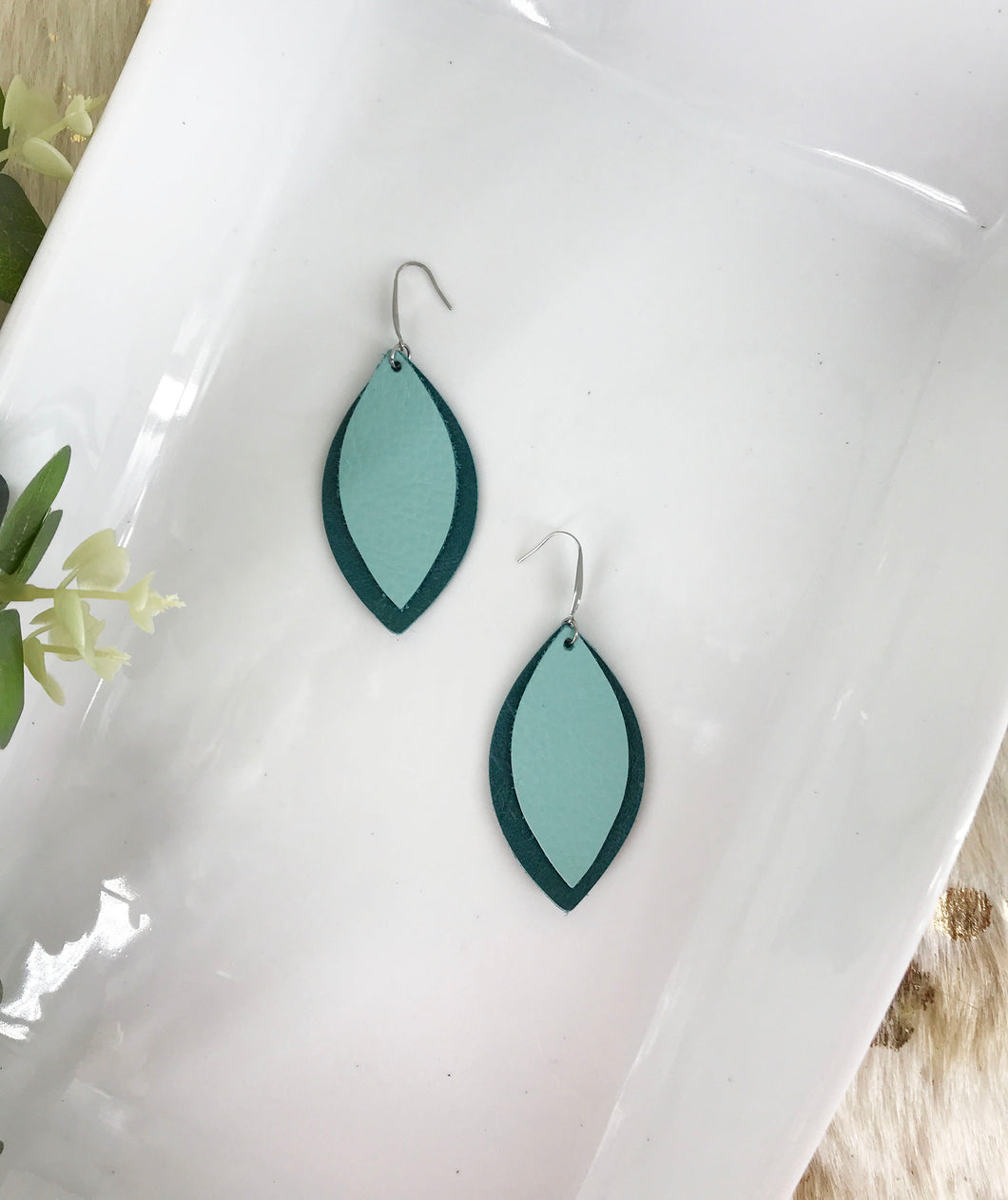 Dark and Light Turquoise Leather Earrings - E19-805