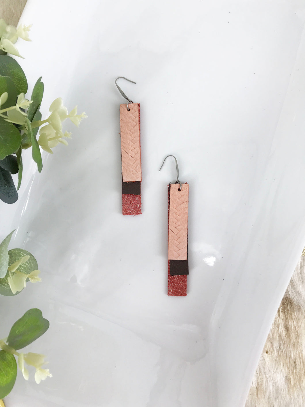 Coral, Brown and Salmon Genuine Leather Earrings - E19-806