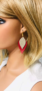 Bright Red Golden Metallic Glitter Leather Earrings - E19-826